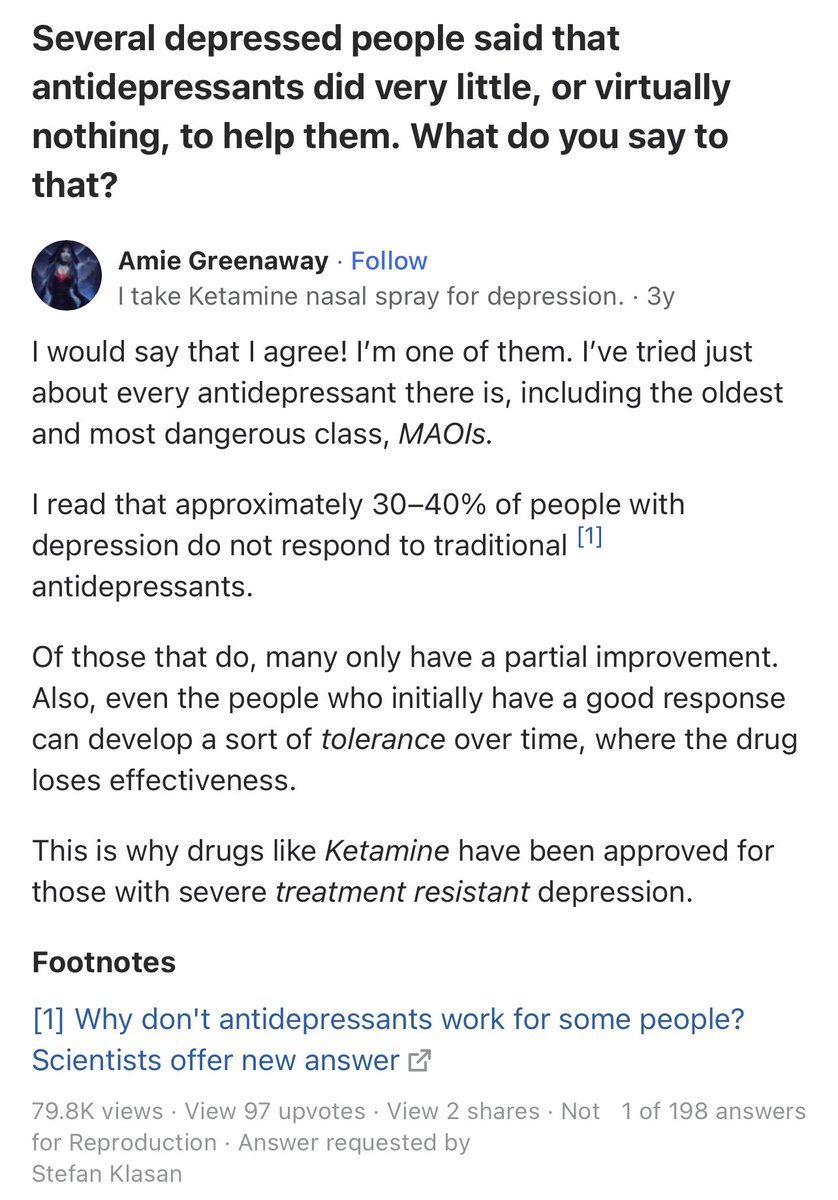 Have antidepressants worked for you? Why are they so heavily prescribed if only 40% will have a response? 

Are antidepressants worth the side effects? Or is it the final option available?

Ketamine for depression?! 🤔