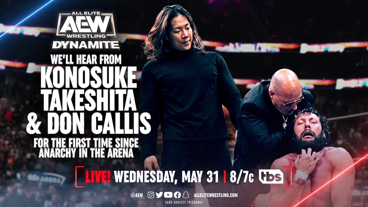 TOMORROW on Wednesday Night #AEWDynamite LIVE from San Diego at 8pm ET/ 7pm CT on @tbsnetwork, we’ll hear from @thedoncallis & @takesoup for the first time since the shocking conclusion of Anarchy in the Arena at #AEWDoN!

Don't miss #AEWDynamite on TBS live tomorrow night!