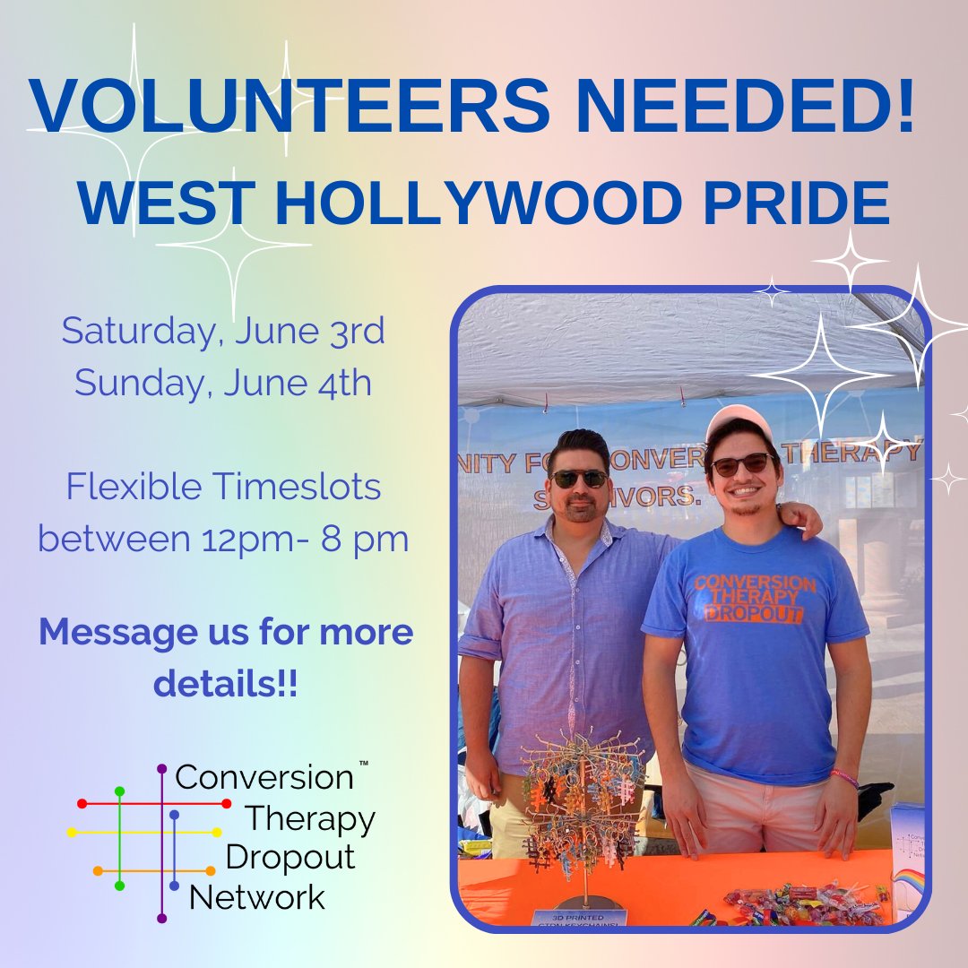 CALLING ALL VOLUNTEERS! We need staffing for our booth at West Hollywood Pride, Saturday and Sunday, June 3rd and 4th. Message us for more info and to sign up!
.
#volunteer #conversiontherapysurvivor #conversiontherapy #lgbtq #pride #pride2023 #community #supportgroup