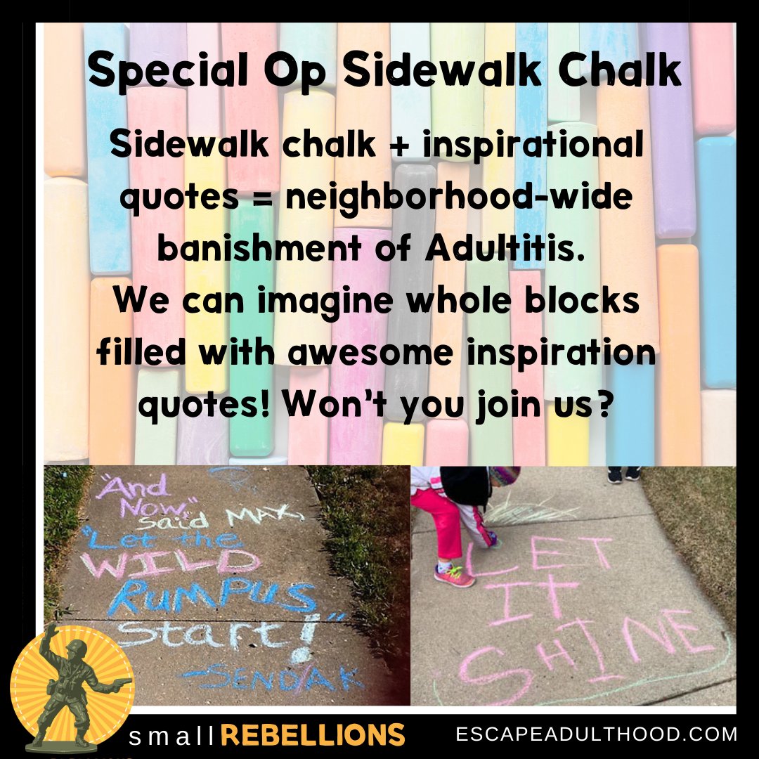 escapeadulthood's tweet image. Here's a great warm weather Small Rebellion: Special Op Sidewalk Chalk!

Grab some chalk and put your favorite quote on your driveway or sidewalk and give Adultitis a kick in the shins!

#smallrebellion #sidewalkchalk #escapeadulthood