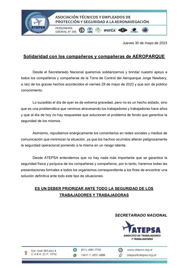 Les compartimos la nota en solidaridad con los compañeros y compañeras de Aeroparque.
<a href="/ITF_Americas/">ITF Americas</a> <a href="/ifatca/">IFATCA</a> @CATT_Prensa