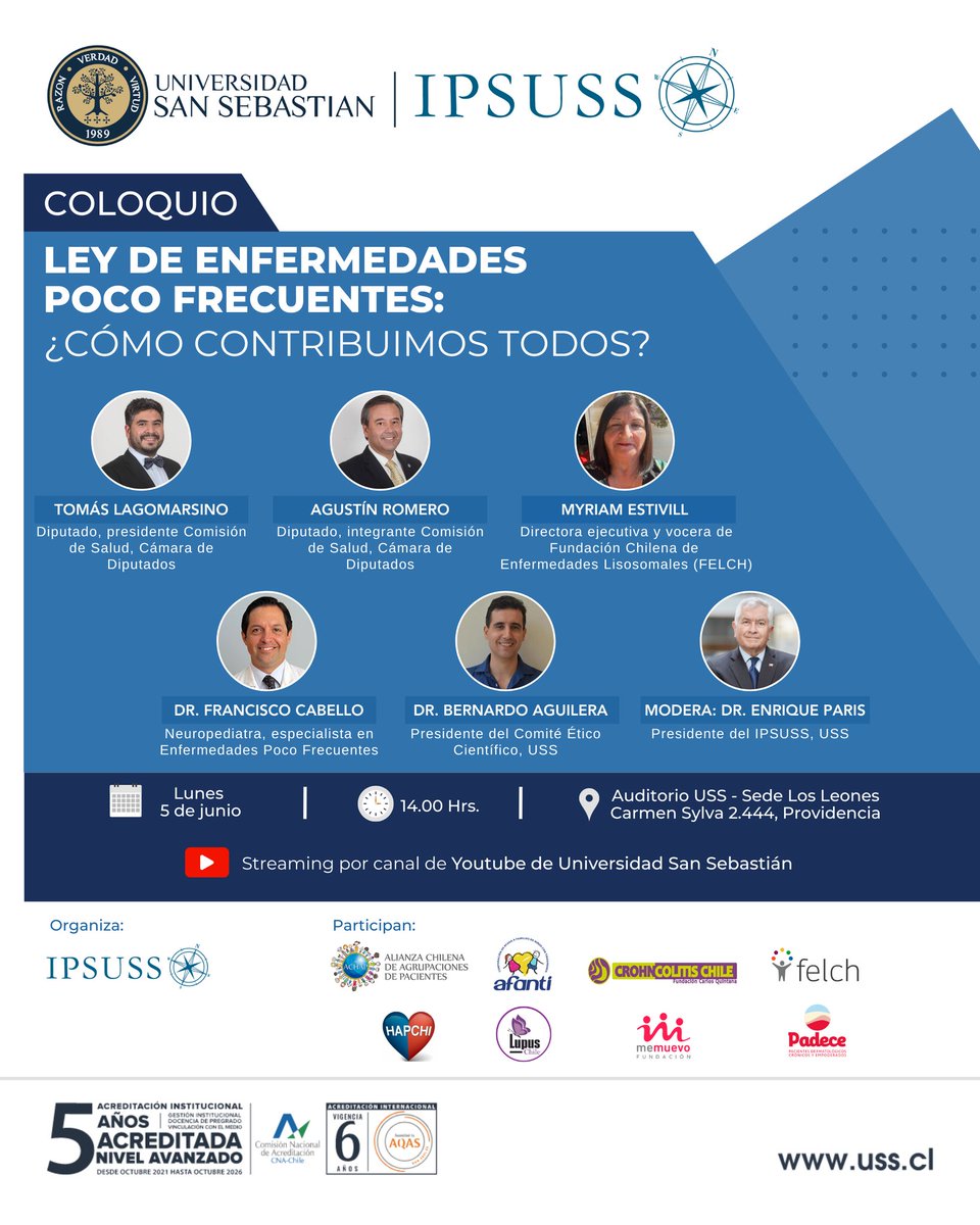 Te esperamos este lunes 5 de junio a las 14.00 en la Universidad San Sebastián para un coloquio sobre la Ley de Enfermedades Poco Frecuentes,  ¿Cómo contribuimos todos?

Nos vemos en el Campus Los Leones.