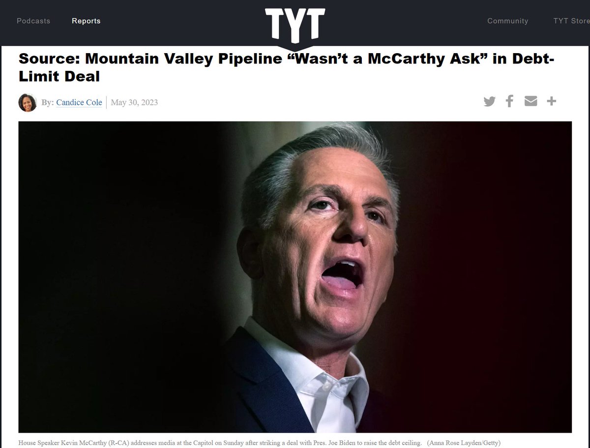 NEW: The new debt-ceiling deal will force completion of the #MountainValleyPipeline. 

But sources tell me ... that didn't come from @SpeakerMcCarthy...

@TYTreports