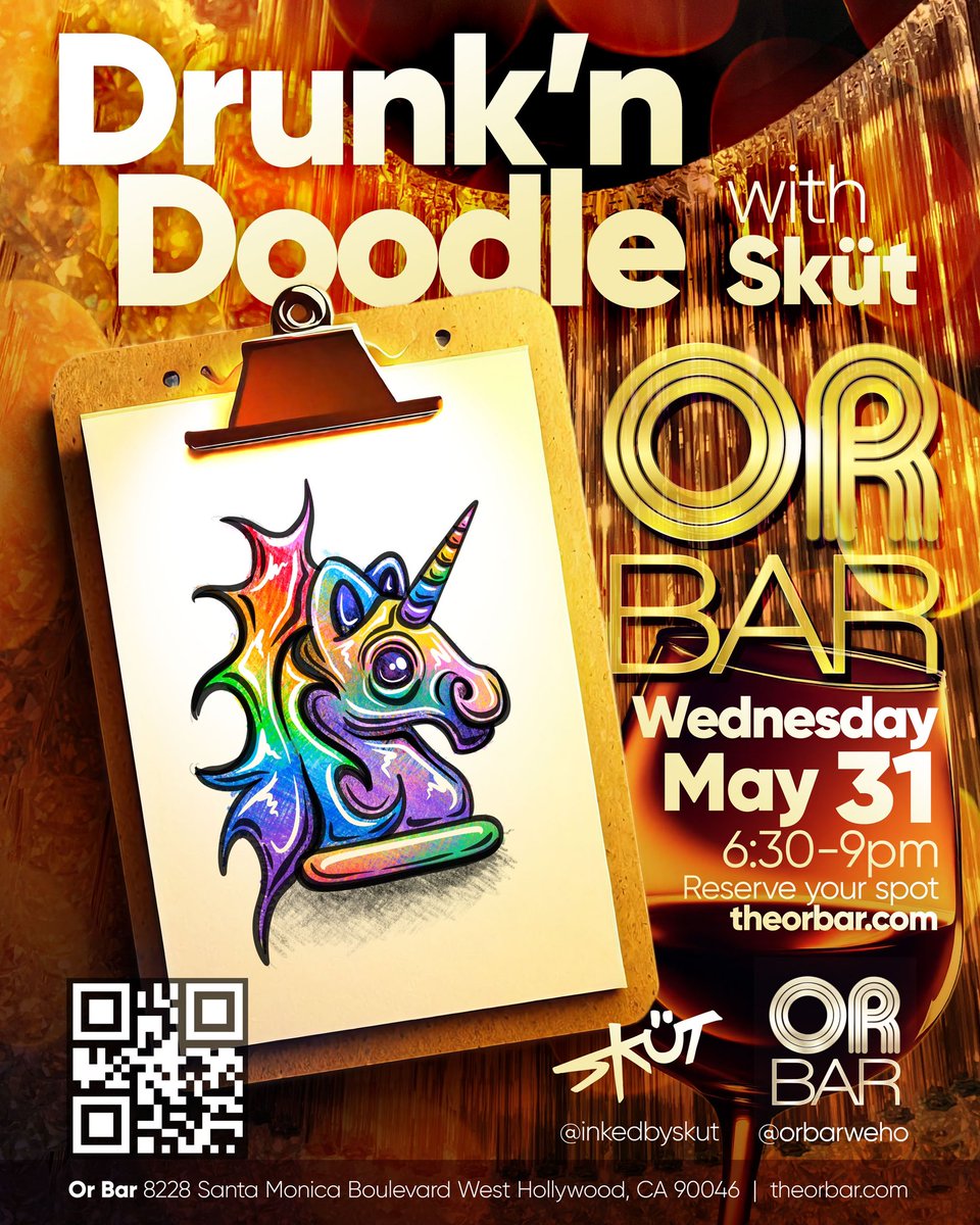 Last call for seats! Teaching a fun <a href="/inkedbyskut/">Sküt</a> #unicorn emoji #art social event tomorrow May 31 6:30-9pm at Or Bar #weho to kick off #Pride #westhollywood 🦄🏳️‍🌈👉🎟️ tickets here: bit.ly/3qfyAfb