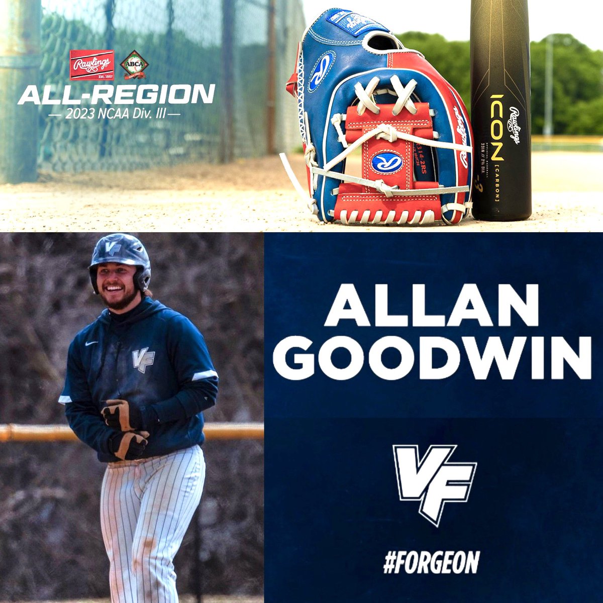 ‼️ Senior Allan Goodwin has been named a 2023 All-Region player by the @ABCA1945 !!! Allan becomes the 1st player in program history to achieve this recognition. Congrats to Allan on his history making season at UVF!!! @RawlingsSports #ForgeOn⚒️