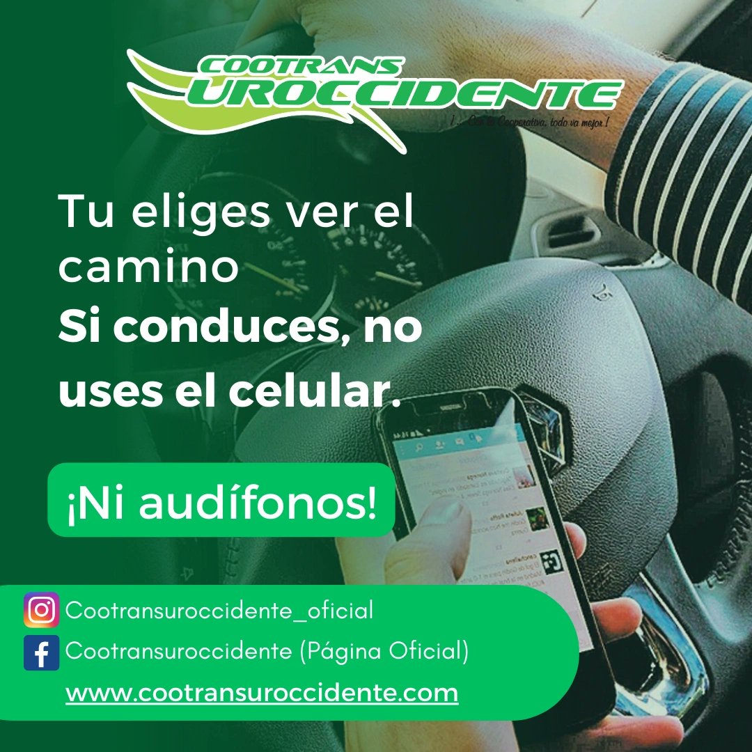 Te invitamos a cuidarte no uses elementos distractores cuando conduzcas🤗
.
.

#UnidosPorLaVida #cuidado #Urabá #casa #familia #transporte #salud #drogas #Cootransuroccidente #cuidate #viaje #sgsst #MinisterioDeTransporte #gobernaciondeAntioquia