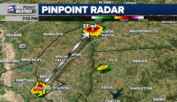 KBTXWeather's tweet image. 7:13pm Radar: Thunder you are hearing in #bcstx is not from the downpour taking shape on the west side of town -- it is from a small storm flashing a few lightning strikes 20 miles away!