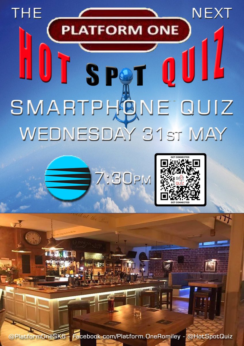 Join me this Wednesday 31st May for the next @SpeedQuizzing 🔵 Powered @HotSpotQuiz 🔴 at @PlatformOneSK6 🚂 🥂🍷🍸🍾🍹 7:30pm care of The @HSQAcademy ⚜️