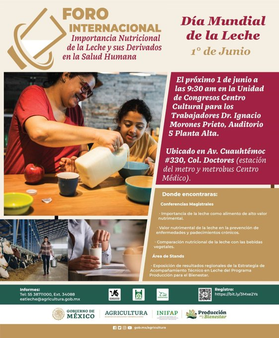 Este jueves 1o de junio: Inauguro Foro Internacional Importancia Nutricional de la Leche, en conmemoración por el #DíaMundialDeLaLeche🥛 Habrá conferencias de especialistas sobre leche y sus efectos en la alimentación y nutrición. Transmisión en vivo por youtube.com/agricultura_mex