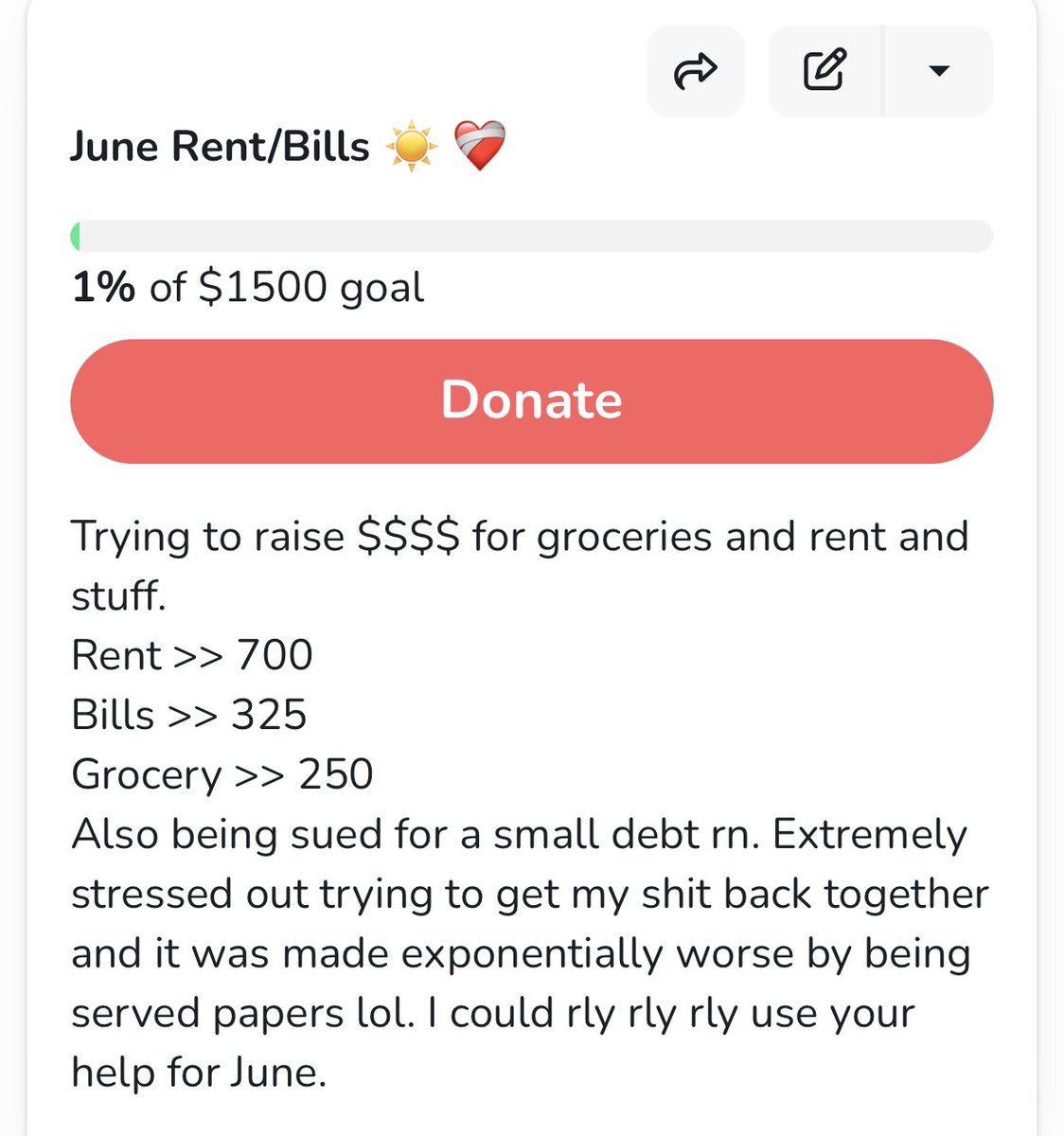I could rly use your help for June! I've had a lot of food insecurity n issues keeping up with bills. I was also served papers (being su/ed) for a small de/b/t cuz my life fell apart last year when I got sick n I havent gottn better. I know i ask a lot, but not for enough. 😭❤️‍🩹