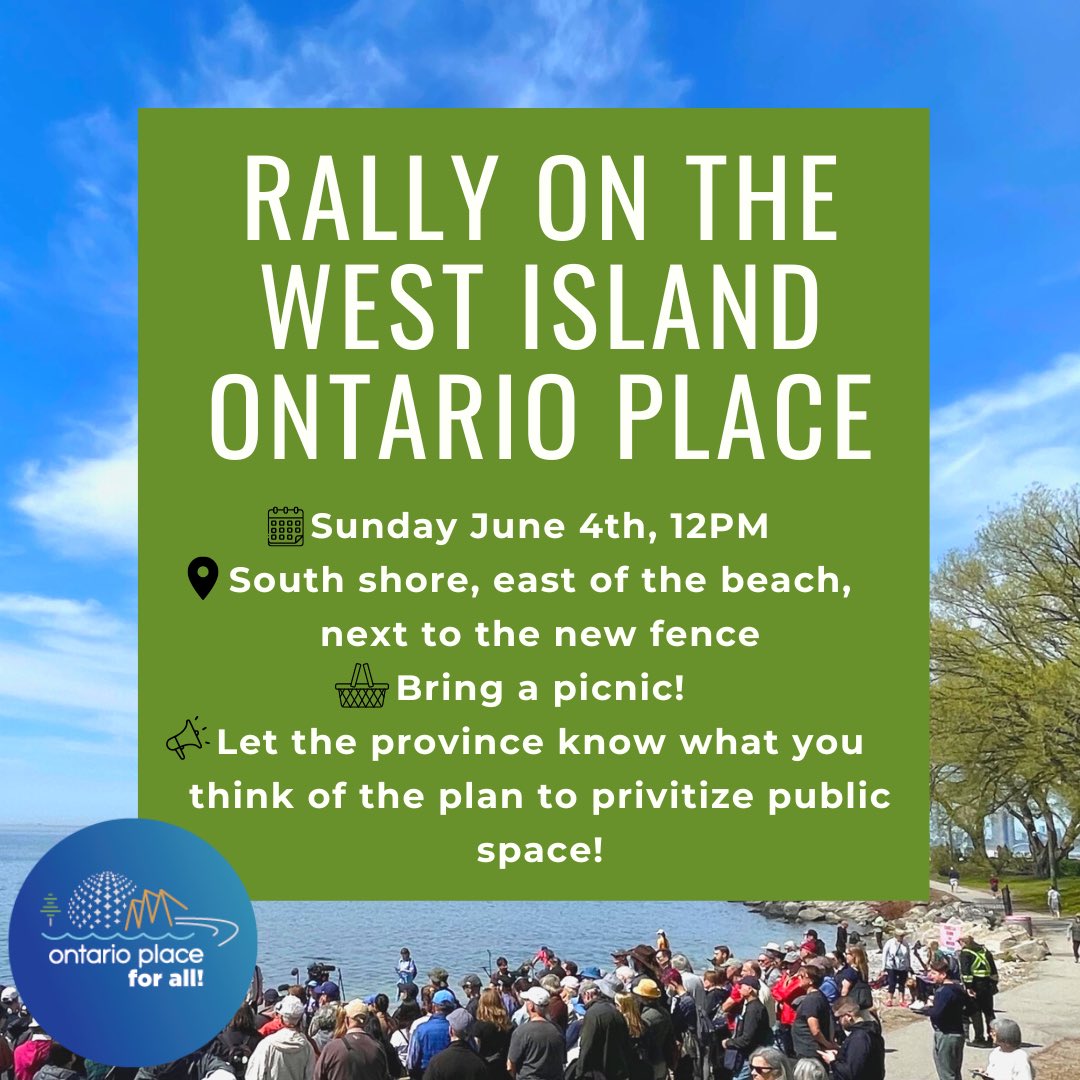 We’re not going to take the fencing off of the Ontario Place trail sitting down. Come and rally with us this Sunday at 12pm, and bring a picnic to enjoy at Ontario Place Beach! #topoli #onpoli #SaveOntarioPlace