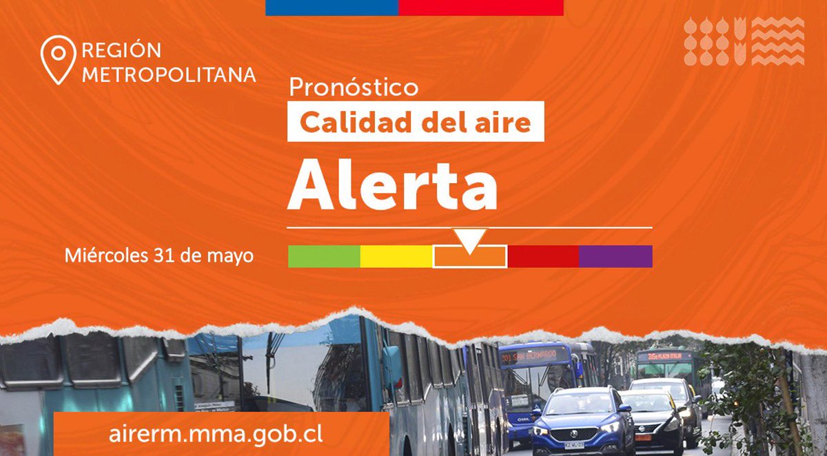 Continúan las escasas condiciones de ventilación en la cuenca de Stgo, por lo que se declara Alerta Ambiental para este miércoles 31/05 en la RM.

🔸 Prohibidos calefactores a leña 🪵
🔸 Prohibidas quemas agrícolas 🔥
🔸 Restricción vehicular 🚘
bit.ly/RVehicular23