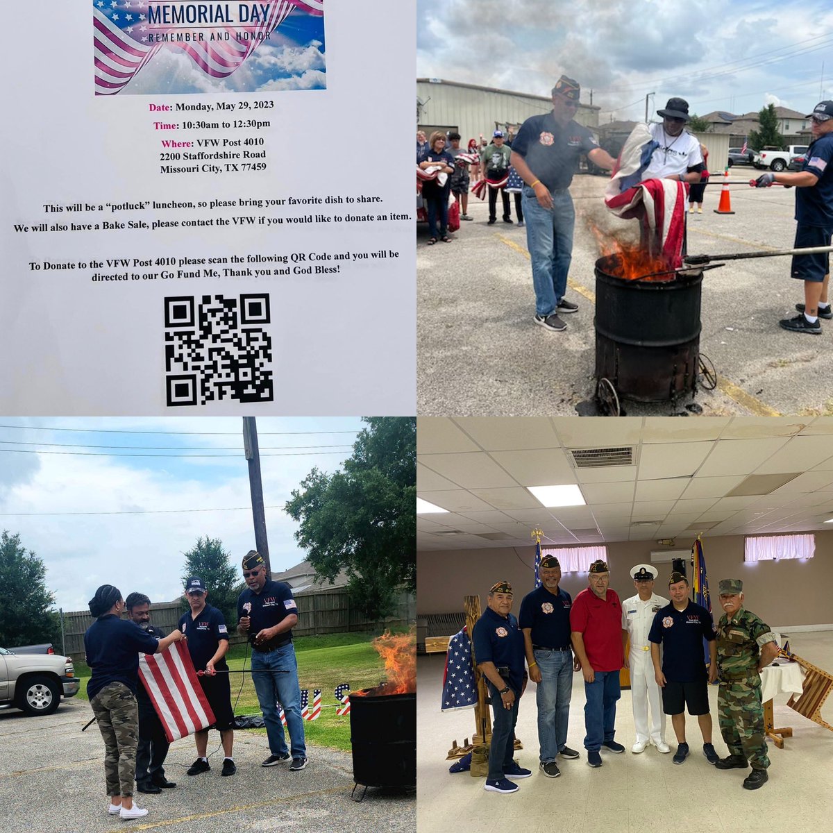 MADE101org's tweet photo. @MissouriCityTX @FortBendCounty Yesterday I participated in VFW Post 4010 Memorial Day Fundraiser &amp; Flag Retiring Ceremony. Thank you Mayor Robin Elackatt &amp; Councilwoman Lynn Clouser for joining us!

You may still participate
https://t.co/t6kJHlHCYc

#VFWPost4010 https://t.co/hS5DJfGhCD