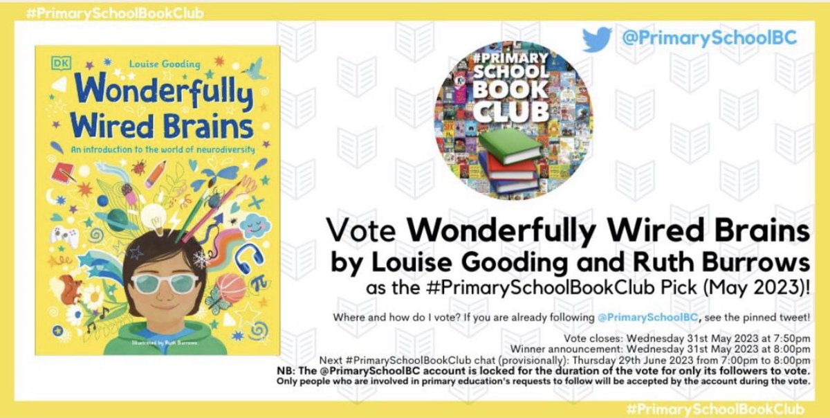 Vote for us! @OnceUponaLouise and I are delighted that Wonderfully Wired Brains has been included in the #PrimarySchoolBookClub May 2023 vote this evening. Head to @PrimarySchoolBC and vote for it using the pinned tweet!