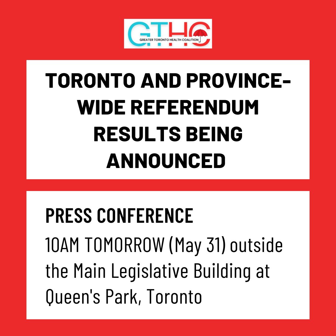 Toronto and province-wide results in the referendum on healthcare privatization will be announced tomorrow at 10 am at Queen’s Park - hope you can make it!

#publichospitalvote #healthcare #onpoli #ontariohealthcoalition #NOprivatehospitals