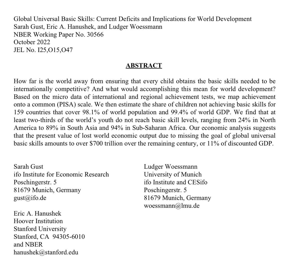 AI is going to have many impacts, good &amp; bad. One of the very great things about globally accessible AI is that it shows real promise as a universal tutor.

2/3 of world youth are missing basic skills. Closing the gap would be worth 5x current global GDP! nber.org/papers/w30566