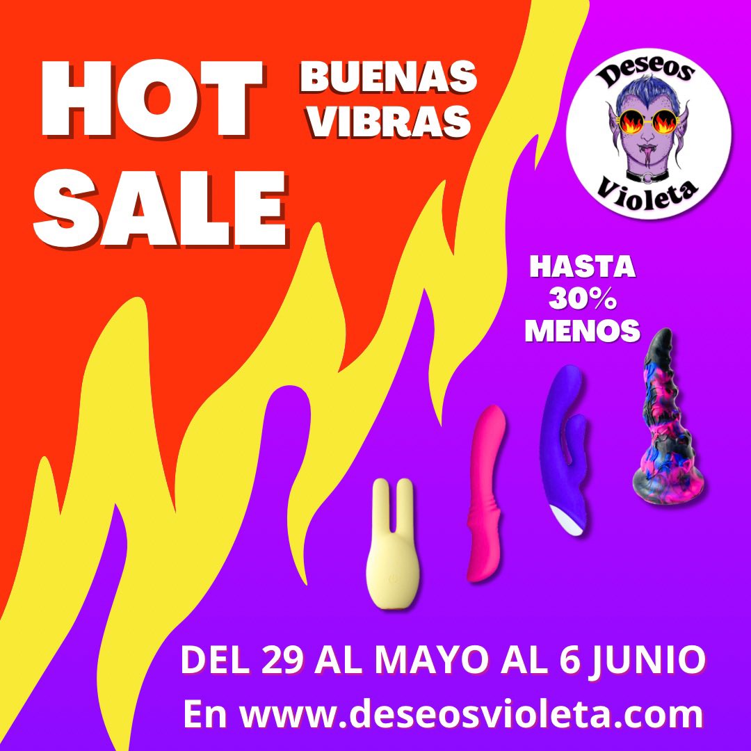 HOT SALE de #Buenasvibras del 29 de mayo al 6 de junio.
Hasta 30% menos en artículo seleccionados.  En deseosvioleta.com
#lgbt #hotsale #hotsale2023 #feminismo #deseosvioleta