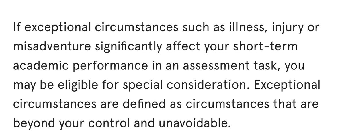 AlinaDarde1999's tweet photo. @DALupton I wonder how you feel about approving special consideration for students who do nothing to avoid illness?   

Most universities limit extensions &amp; deferred exams to circumstances beyond your control &amp; that aren’t the result of an action or inaction (getting drunk, avoiding sleep) https://t.co/nSjmp7OVzG
