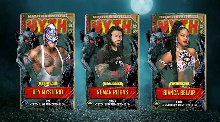 🚨 FIRST LOOK 🚨

Here's the first look at MYTH Tier! 

• Roman Reigns
• Bianca Belair 
• Rey Mysterio 

Thoughts? 🤔
#WWESuperCard