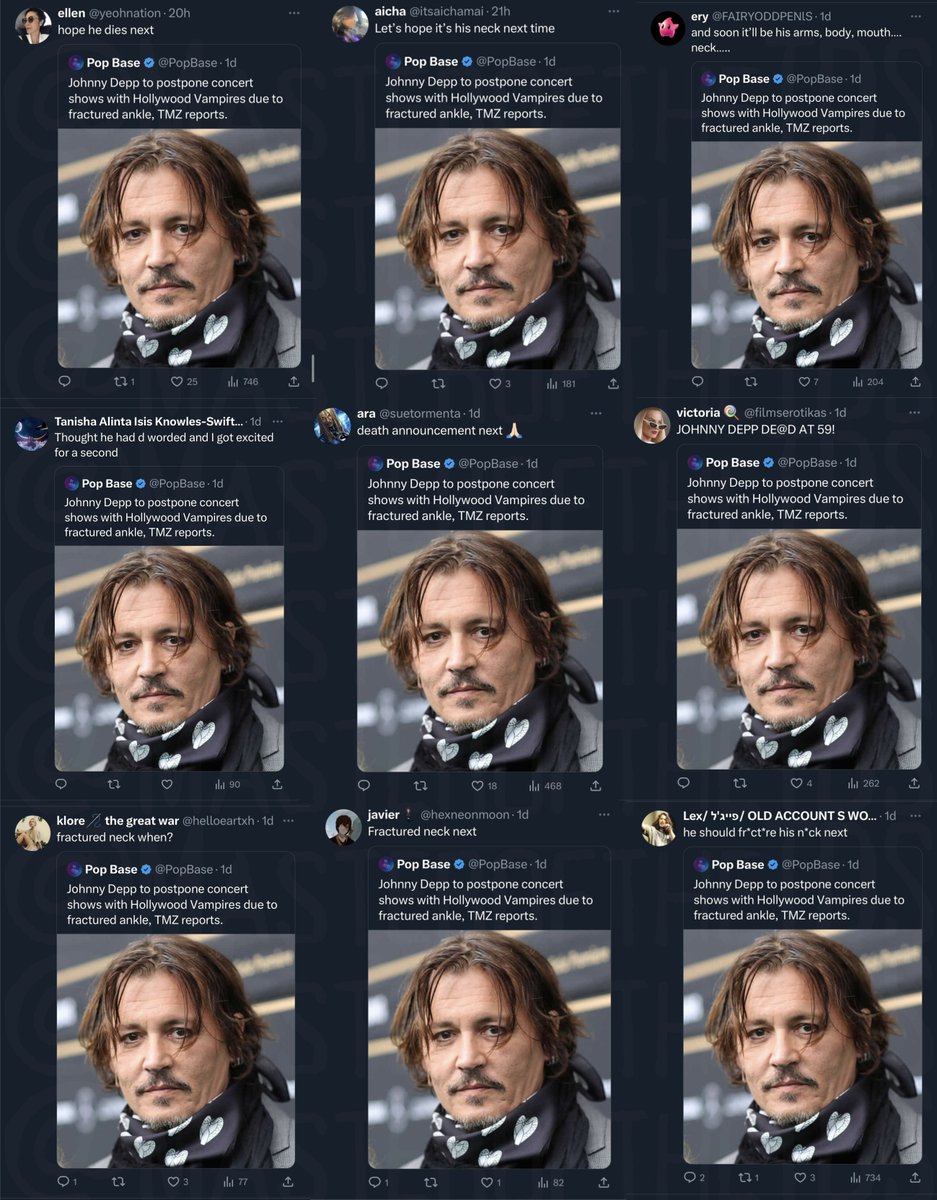 MasteroftheTDS's tweet photo. Johnny Depp has announced that he has fractured his foot and wont be able to make some of his concerts he had planned with his band Hollywood Vampires and they must postpone.
This announcement seems to have brought out what appears to be a coordinated bot attack with people with very strange handles, wishing death on Johnny and celebrating his injury.
This is an interesting one, no handles have been covered up, feel free to report away.