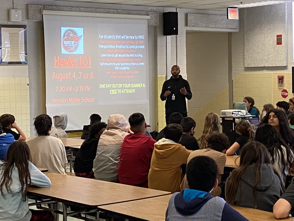 _MrsBaxter's tweet photo. Thank you @NightHawkHMS for sharing about the upcoming summer programs our 6th graders to participate in! We appreciate @HerndonMiddle helping our 🐝s get ready for middle school! @Herndon_ES  #youbeelonghere https://t.co/QzqYcbGhRE
