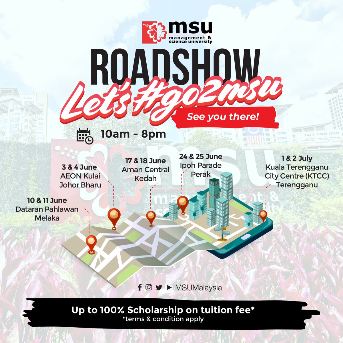 Hai guys, @MSUmalaysia will be nationwide this month to meet & assist you to choose your program of choice for your study. Contact us now 03 5521 6868 for details & don't forget to grab @YayasanMSU scholarship for your study. See you there!! #beMSUrians #Enrol2MSU #MSUroadshow