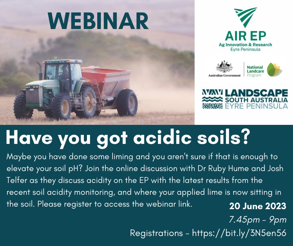 Did you miss out on attending one of our soil acidity forums? This webinar is for you. 
📆20 June
⌚7.45-9pm
📝bit.ly/3N5en56
<a href="/EPLandscapeSA/">Eyre Peninsula Landscape Board</a> <a href="/epag100/">EP Agriculture</a> <a href="/rubyzhume/">Ruby Hume</a> <a href="/jtelferoz/">Joshua Telfer</a>