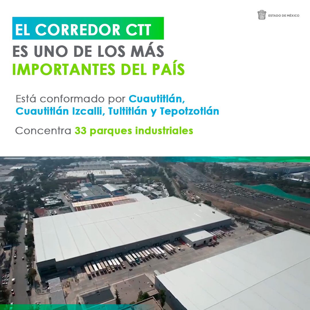 SedecoEdomex's tweet photo. El corredor CTT es uno de los más importantes del país. Está conformado por Cuautitlán, Cuautitlán Izcalli, Tultitlán y Tepotzotlán; concentra 33 parques industriales. 

#SEDECO
#FIDEPAR https://t.co/MTDOTsrOAY