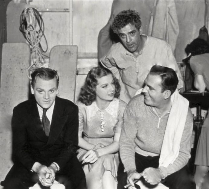 James Cagney, Ann Sheridan, and Pat O'Brien take a break on the set of Angels with Dirty Faces with Boris Karloff