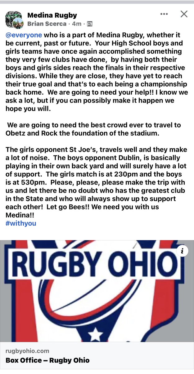Medina, let's turn out for our rugby teams on Saturday!!