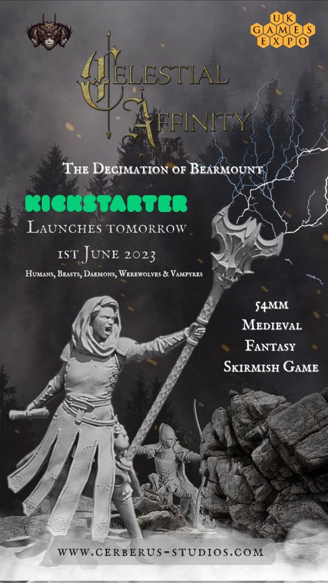 StudiosCerberus's tweet photo. My  Kickstarter launch of Celestial Affinity, The Decimation of Bearmount drops tomorrow. It's a very exciting time, and I can't wait to share it with you all.

https://t.co/ry8nY34snP

#mortalsreckoning #celestialaffinity #cerberusstudios #newgame #newminiaturecollection https://t.co/dLVfR1Lp3G