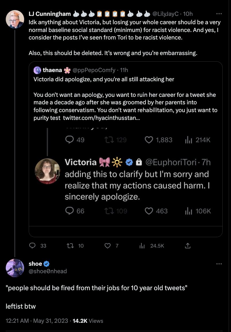 shoe0nhead's tweet image. &amp;gt;says people should be fired over old tweets
&amp;gt;gets called out on it
&amp;gt;threatens to fire people calling her out on it

holy shit lmfaooooooo