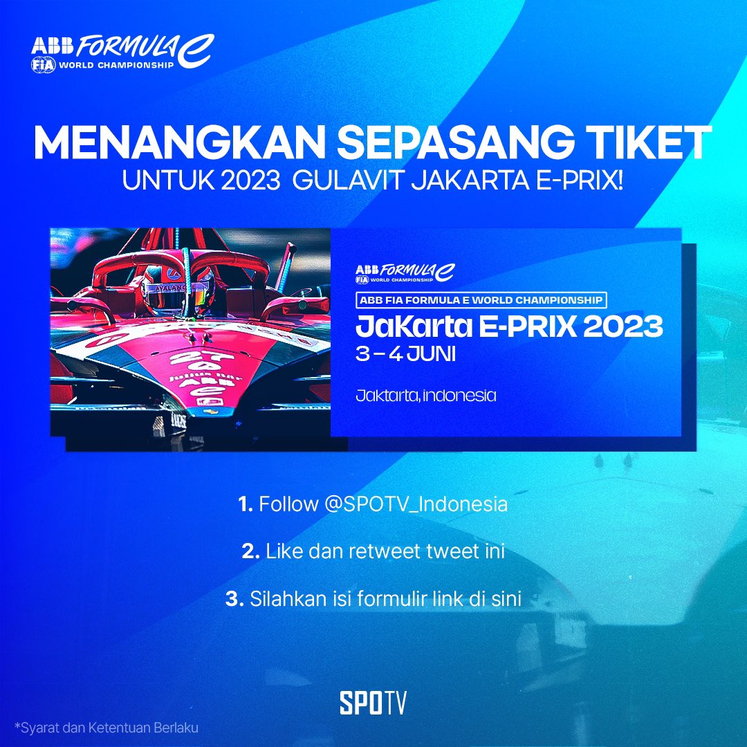 SPOTV_Indonesia's tweet photo. Menangkan tiket menonton #JakartaEPrix! 🏁🇮🇩

Simak caranya di bawah ini dan jangan lupa isi form di tautan yang kami sediakan

Semoga beruntung! 

🔗 https://t.co/dgGjpKXFMh

#SPOTVIndonesia https://t.co/DT4TTaG4y3