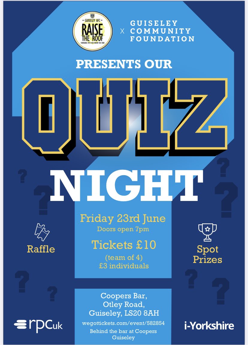 GAFC Community (@gafccommunity) on Twitter photo We are happy to announce that we will be holding a Quiz Night alongside <a href="/RaiseGAFCRoof/">Raise The Roof Guiseley AFC</a>. All the details are below, and tickets can either be purchased at Cooper's bar, or using the link below:
wegottickets.com/event/582854/ We are happy to announce that we will be holding a Quiz Night alongside <a href="/RaiseGAFCRoof/">Raise The Roof Guiseley AFC</a>. All the details are below, and tickets can either be purchased at Cooper's bar, or using the link below:
wegottickets.com/event/582854/