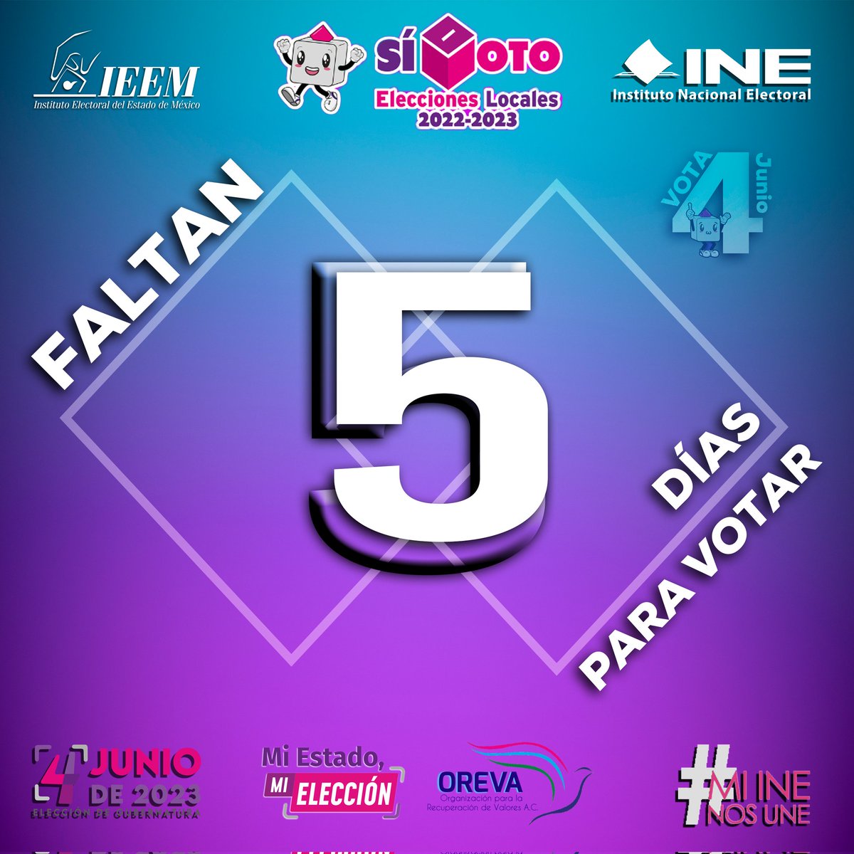 OrevaAc's tweet photo. Faltan 5 días para que los #Mexiquenses tomemos una importante decisión. ¡Todos a votar este 4 de junio! #MiINENosUne #Vota https://t.co/1jvbx13dTC