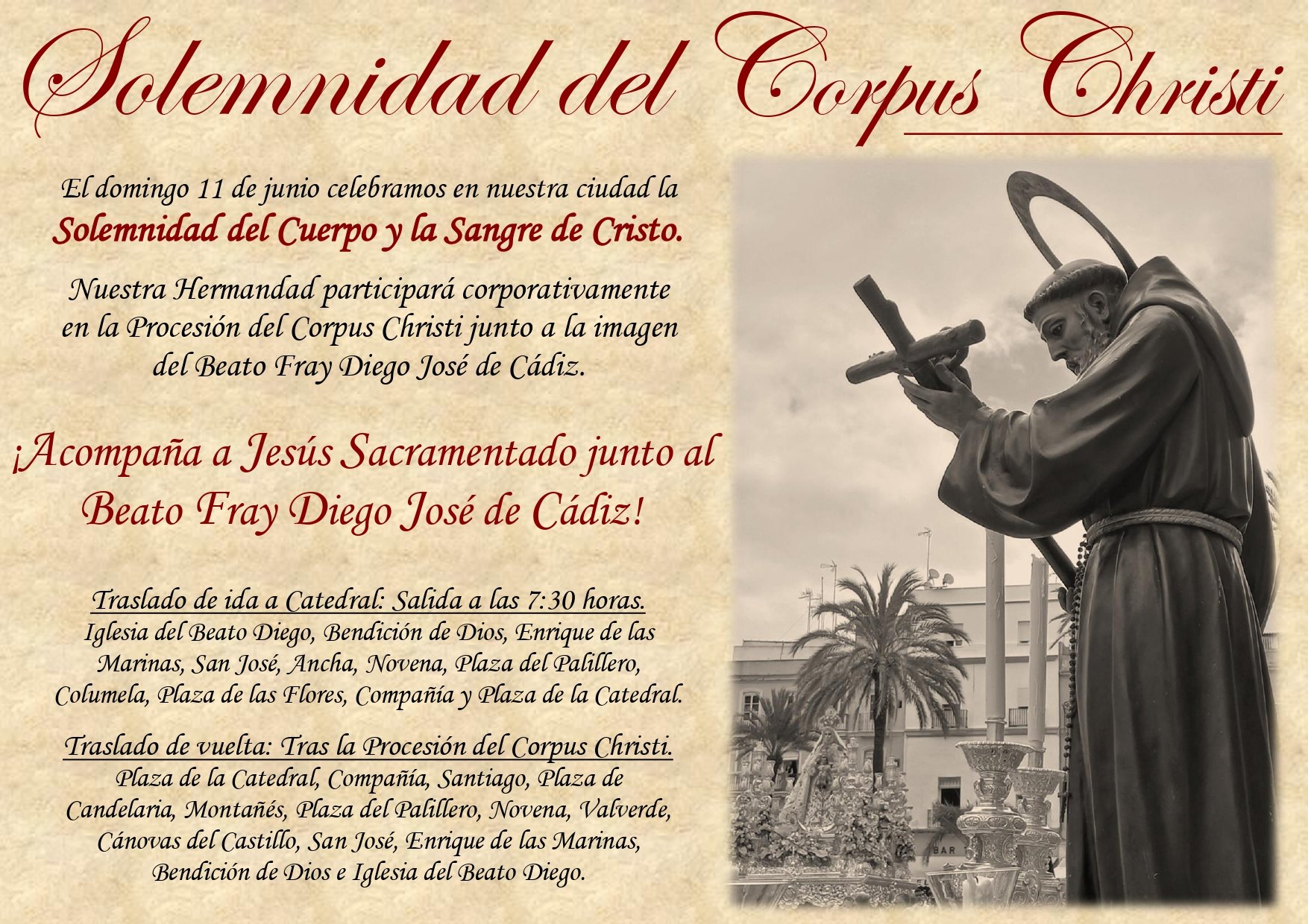 Traslado de Beato Fray Diego José para participar en el Procesión del Corpus Christi de Cádiz