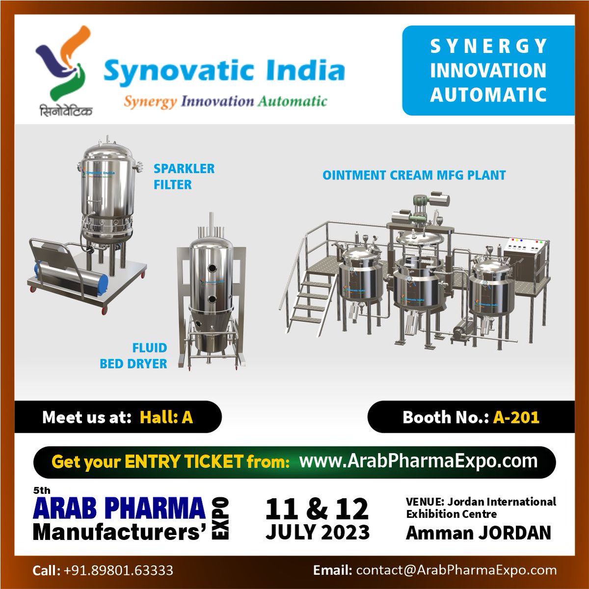 Meet us @Synovatic 

ARAB PHARMA MANUFACTURERS’ EXPO 2023
Date: July 11-12, 2023
Venue: Jordan International Exhibition Center

For more information and Booth Booking
Email us at: contact@arabpharmaexpo.com

#ArabPharmaExpo2023 #ArabPharmaExpo #Jordan