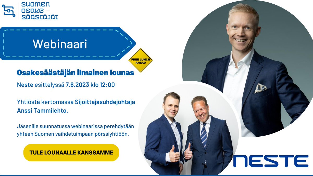 osakeliitto's tweet photo. Tule nauttimaan @NesteGlobal ja yhtiön sijoittajasuhdejohtajan @AnssiTammilehto lounasseurasta 7.6.2023 klo 12:00!

👉Jäsen! Ilmoittaudu mukaan Osakesäästäjien tapahtumakalenterissa nettisivuilta https://t.co/m2vpXqf9A4 

#sijoittaminen #ilmainenlounas https://t.co/uVYPqR1Sj4