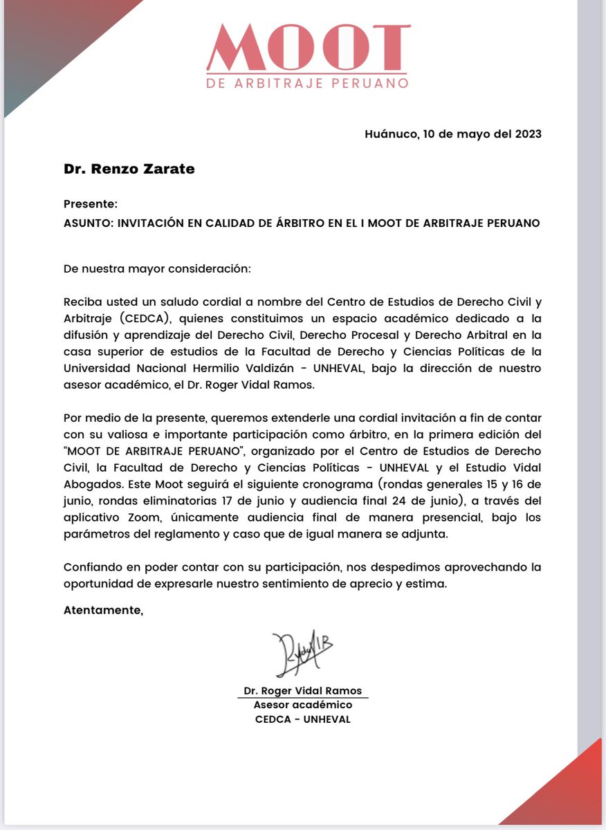 renzozarate's tweet photo. Quiero agradecer al Centro de Estudios de Derecho Civil y Arbitraje - CEDCA, a la Fac. de Derecho de la Univ. Hermilio Valdizan y al Estudio Vidal Abog. por la invitación para participar como Árbitro y Jurado en la primera edición del Moot de Arbitraje Peruano.
#Arbitraje
#Moot https://t.co/NQcc1WbKj5