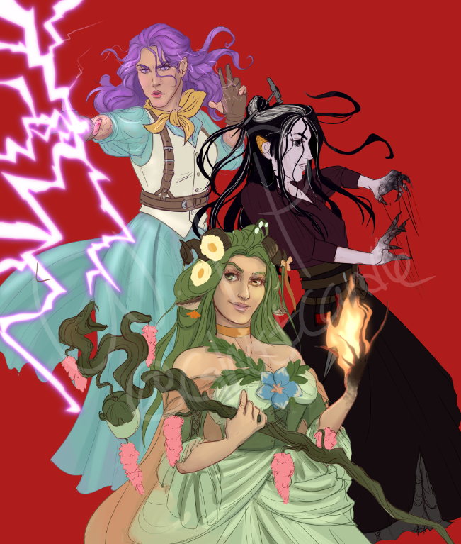 Hey, #WIPWednesday !

I'm trying desperately to get art done for posters for an upcoming con. Meantime, here's a WIP of the Critical Role witches. Changed up Imogen's pose from last time. (Still need to do SO MANY flowers on Fearne).