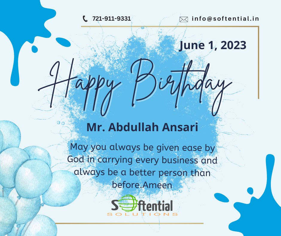 SoftentialSolut's tweet photo. Softential Solutions family warmly wishes to Mr. Abdullah Ansari on his blissful birthday!
#Softentialsolutions #AbdullahAnsari #Birthday #Afreenfarooqi #Zahoor #Waseemkhan #Mehjabikhan #zubiakhan #adeebamasood #zeeshanali #Nazim https://t.co/efIqiy2Umd