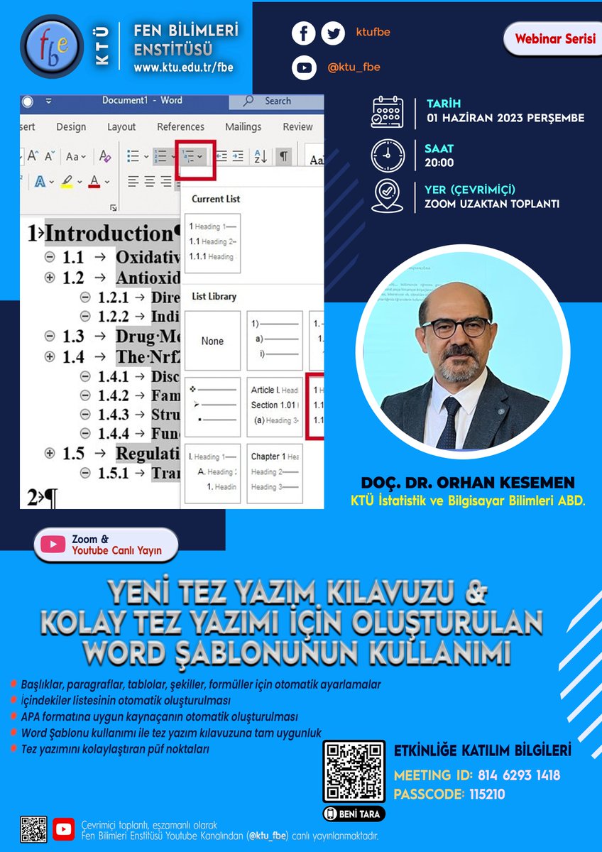 Enstitümüz Webinar Serisi kapsamında, "Yeni Tez Yazım Kılavuzu ve Kolay Tez Yazımı İçin Oluşturulan Word Şablonunun Kullanımı" başlıklı eğitim etkinliği düzenlenmiştir. Çevrimiçi etkinlik için ayrıntılı bilgi ve katılım bağlantısı:  ktu.edu.tr/fbe/etkinlik/l…