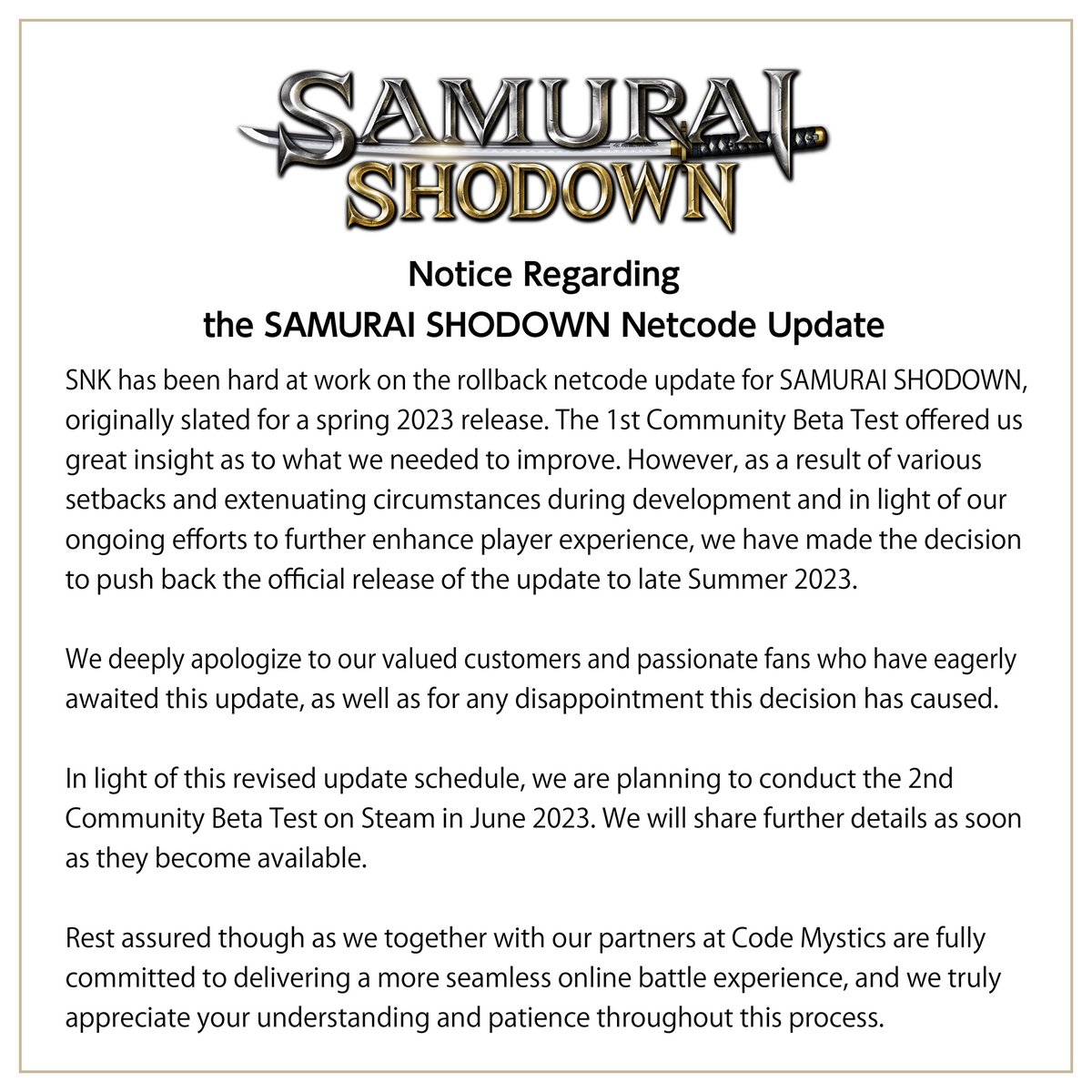 【SAMURAI SHODOWN】
Notice Regarding Rollback Netcode Update.

＃SNK ＃SamSho