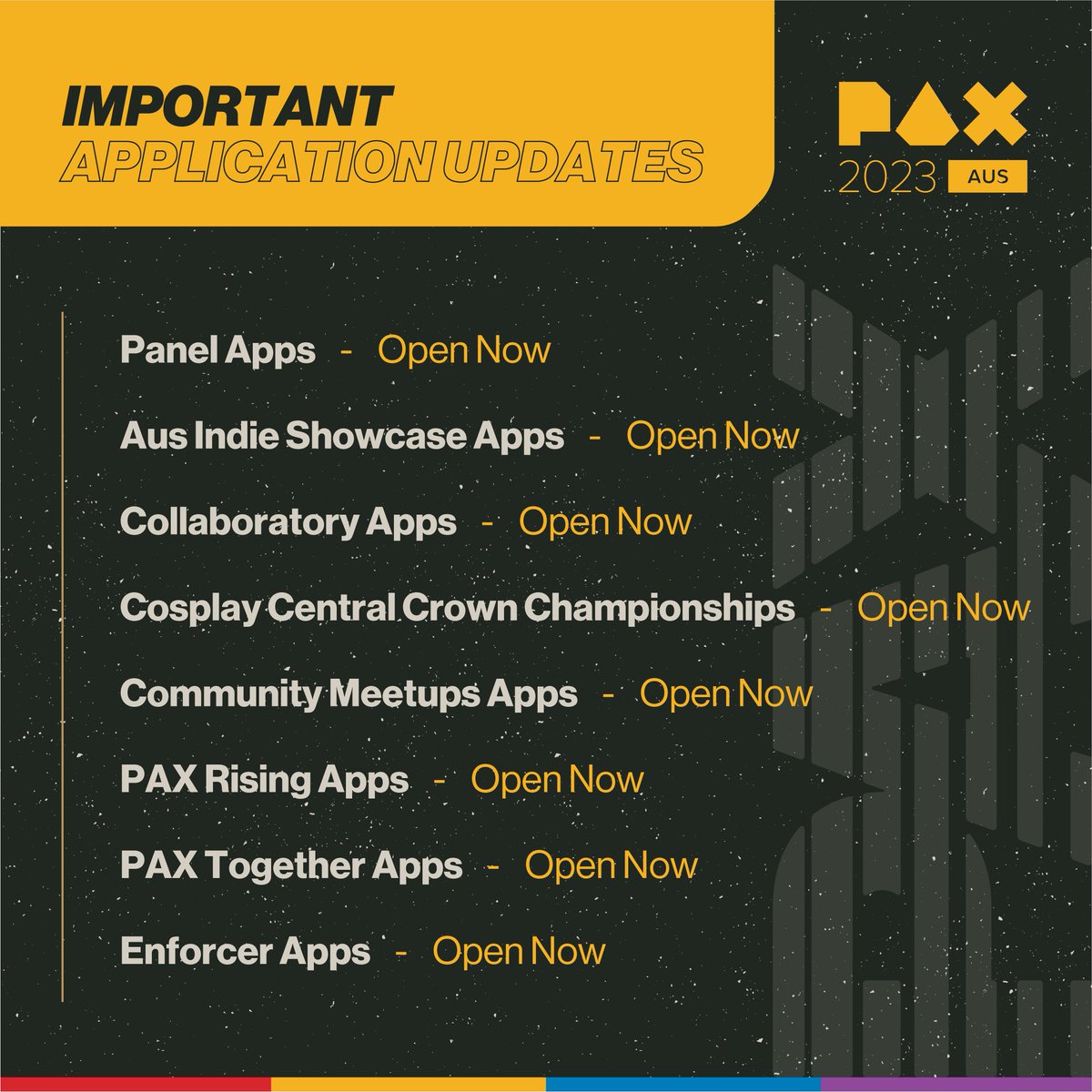 PAXAus's tweet image. Looking to get involved at #PAXAus? Keep our content manager busy, here is a bunch of links – if they apply to you, click them? If they don’t, share them/stay classy?
Panel Apps - Open Now: aus.paxsite.com/en-us/features…
Aus Indie Showcase Apps - Open Now: aus.paxsite.com/en-us/features……