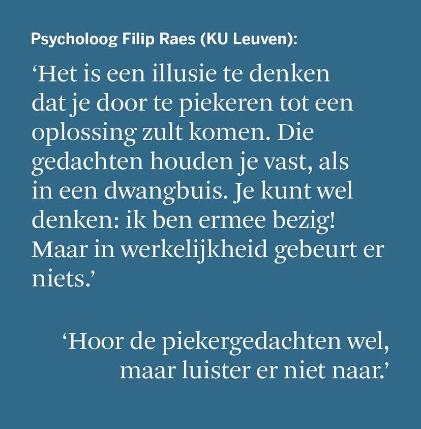 “Als je een geboren piekeraar bent, zul je dat nooit helemaal kunnen stoppen. Maar je kunt wel leren om er minder lang in te blijven hangen” 

m.standaard.be/cnt/dmf2023053…

 <a href="/destandaard/">De Standaard</a> <a href="/veerlebeel/">Veerle Beel</a> 

instagram.com/p/Cs4UOhKs8Vy/…