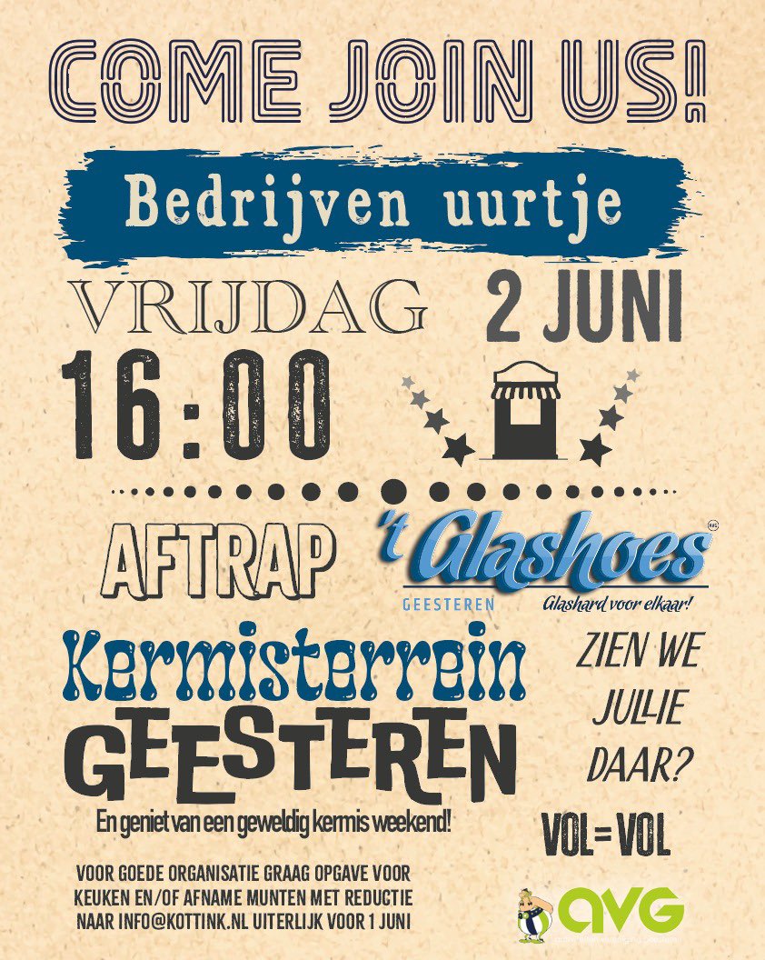 Vrijdag start het kermisweekend om 16.00 uur met het traditionele bedrijvenuurtje. Ben jij er dan weer bij? Tevens is dan de opening van ‘t Glashoes. Belangrijk voor bedrijven! Vandaag kan opgave keuken en/of afname munten nog doorgegeven worden aan info@kottink.nl.