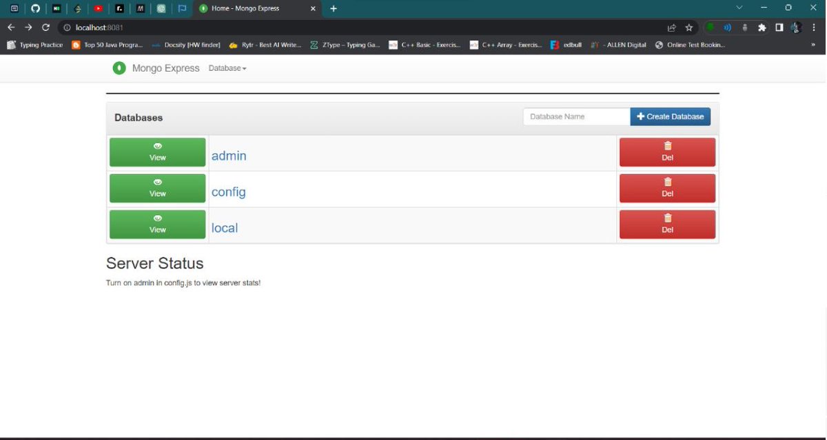 Tushar24Sharma's tweet image. 5 /With Mongo Express running, open your browser and navigate to http://localhost:8081. You'll see the Mongo Express interface, ready to manage your MongoDB container. This gives you a user-friendly way to interact with your MongoDB instance. 🚀 #WebInterface #MongoDB