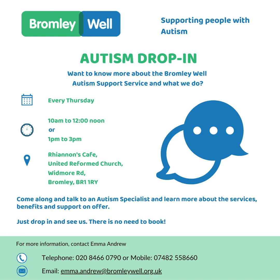Do you want to know more about the @bromleywell Autism Support Service and what they do? 

Come along to our drop-in session THIS THURSDAY from 10am-12pm or 1-3pm at Rhiannon's Cafe, United Reformed Church, Widmore Rd, #Bromley

No need to book; just turn up!

#Autism