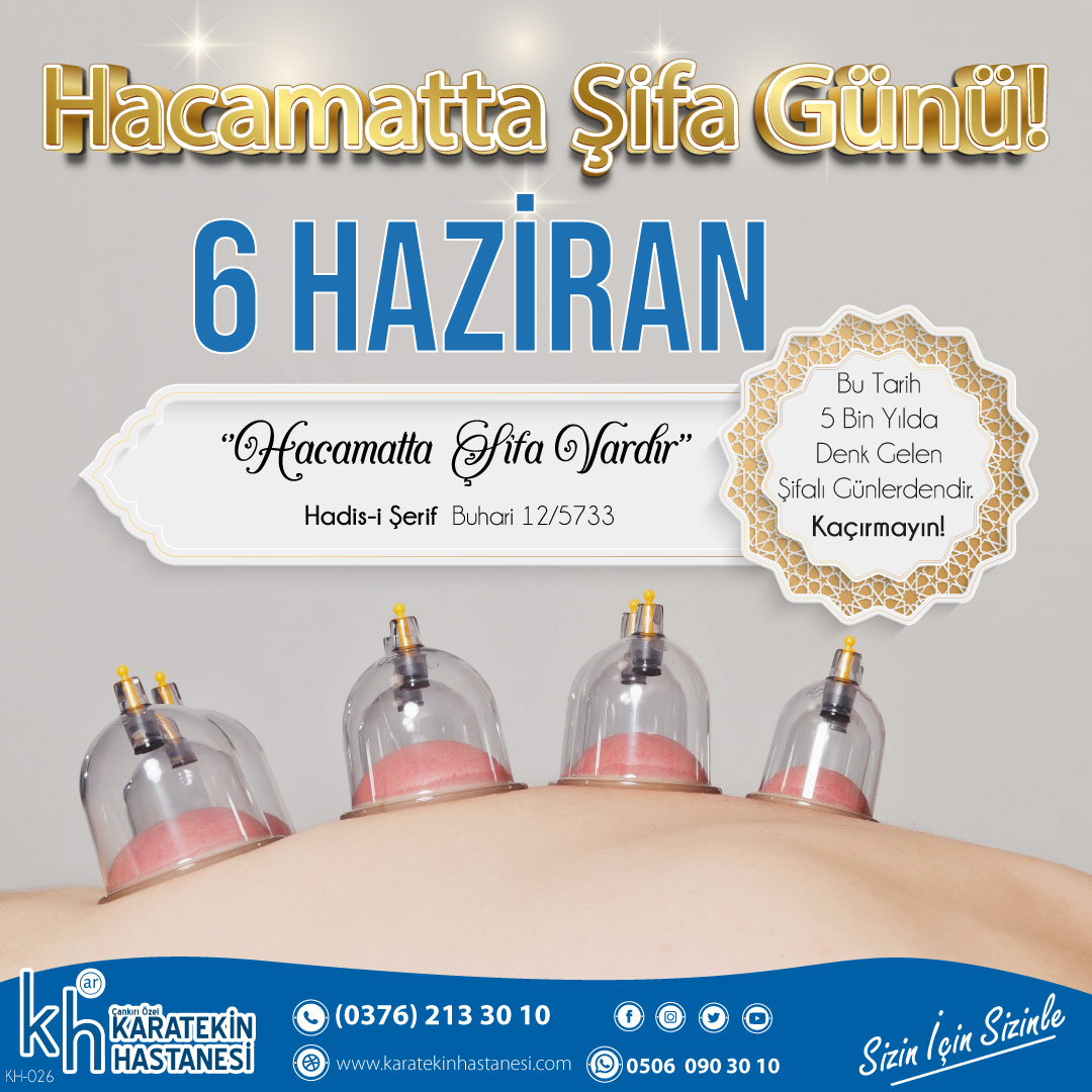 Karatekinhast18's tweet photo. Hamacatta Şifa Günü!
Hacamat, Hicri takvimin belli günlerinde daha şifalıdır. 6 Haziran Salı Günü, hacamat için 5 bin yılda denk gelen önemli bir şifa günüdür. Kaçırmayın!
Detaylı bilgi için lütfen arayınız.
Tel: 0376 213 30 10
#çankırı #hastane #sağlık
#hacamat #kupaterapi https://t.co/0D4Kyu9Pu8