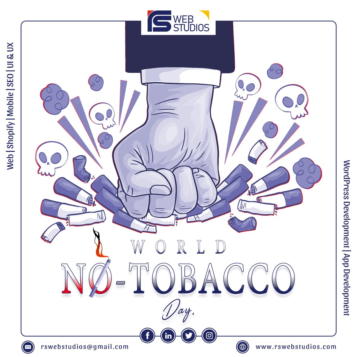 Say no to Tobacco and yes to life to celebrate this day with high spirits-'World No Tobacco Day'

#WorldNoTobaccoDay #WorldNoTobaccoDay2023  #NoTobacco #NoTobaccoDay @MoHFW_INDIA  #QuitSmoking  #wordpress #bhfyp  #WordPresssupport #webdevelopment #shopifystore #rswebstudios